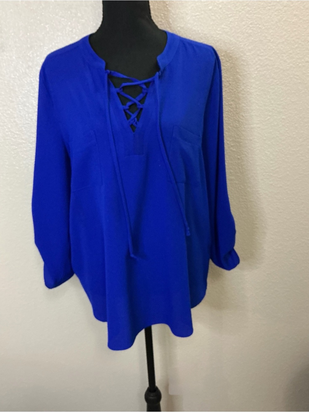 Women’s Lace-Up V-Neck Blouse — Royal Blue